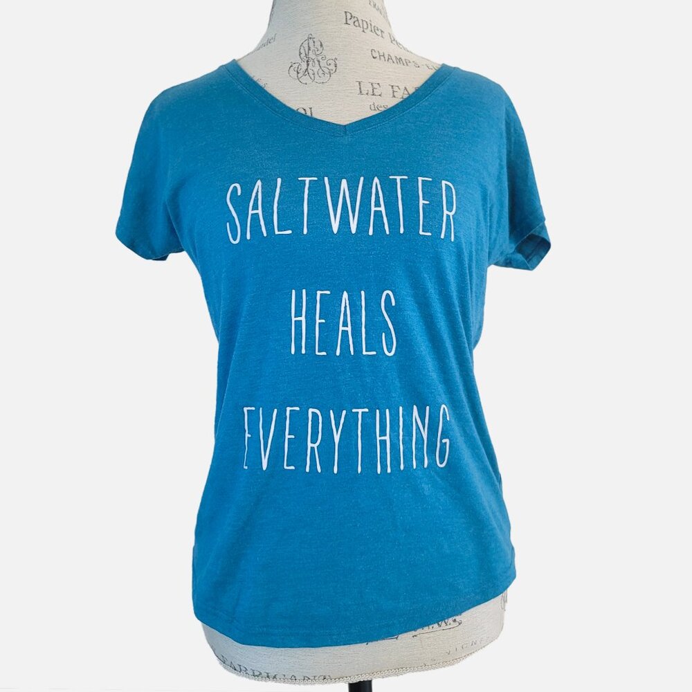 ANVIL Salt Water Heals Everything Turquoise Short Sleeved V-Neck Tee -M